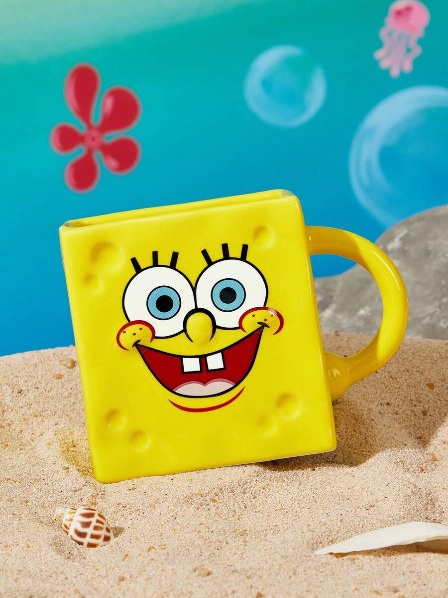 SpongeBob SquarePants | SHEIN 500ml/17oz 黃色海綿 3D 浮雕陶瓷馬克杯 卡通表情水杯 學生辦公室早餐牛奶咖啡杯 大容量防燙手柄杯 - 黃色 - 查看 1