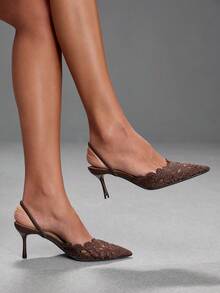 CUCCOO SZL Ladies Romantic Nude Lace High Heel Drag Pointed Thin Heel Half Drag - Chocolate Brown - View 3