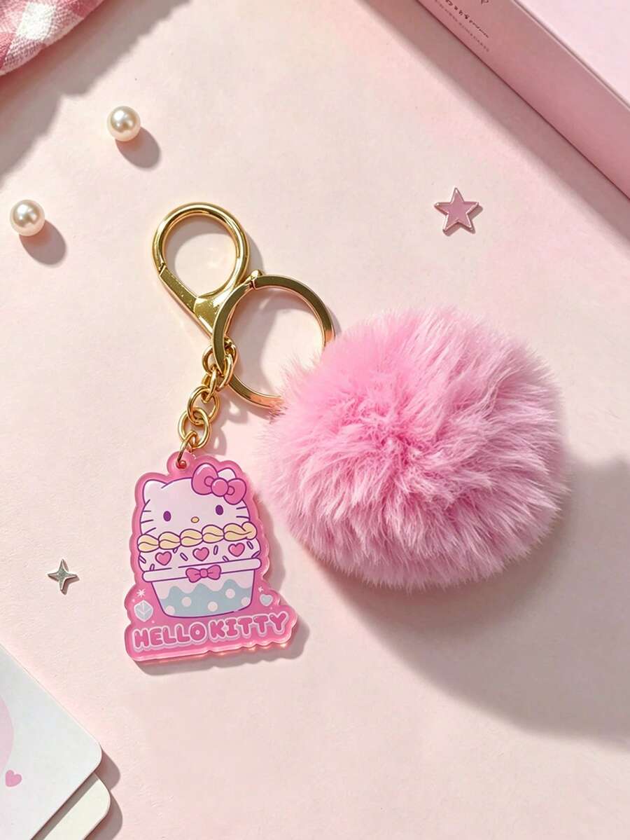 HELLO KITTY AND FRIENDS | SHEIN 1PC Hello Kitty Keychain With Pink Fluffy Pom‑Pom, Cute Ice Cream Cup Pattern Bag Charm, Lobster Clasp For Easy Hanging, Decorative Pendant For Keys Backpack Handbag, Sweet Collectible Gift For Hello Kitty Fans - Pink - View 1