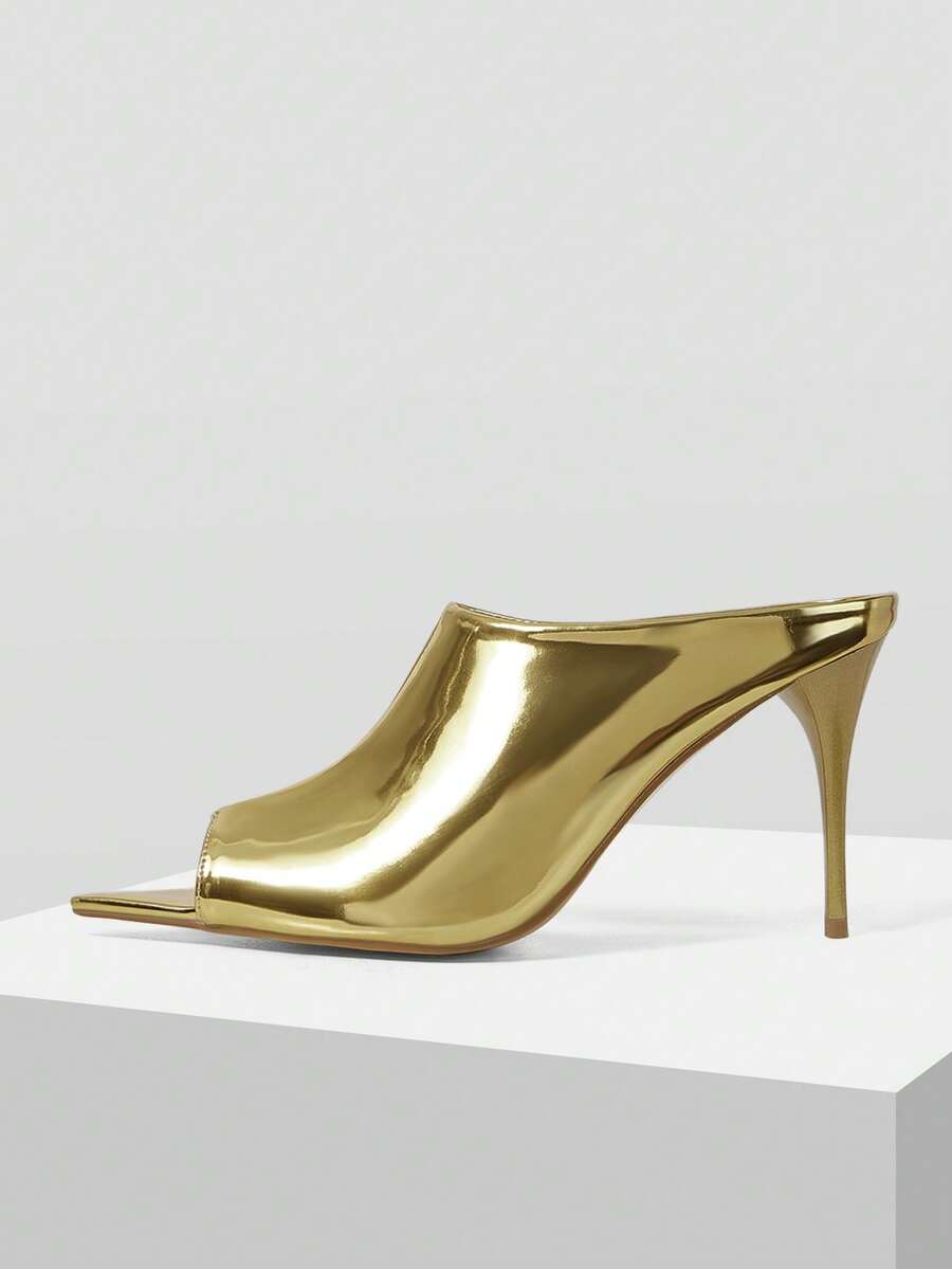Mnmlis Mirror Gold Shiny Surface High-Heeled Mules Girl, Pointed Toe Thin Heel Sleeve, Party And Banquet Eye-Catching Sandals - Gold - View 1