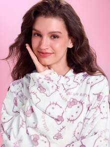 HELLO KITTY AND FRIENDS | SHEIN 1 Buah Selimut Flanel Bermotif, Selimut Berkerudung untuk Rumah dan Luar Ruangan, Lembut dan Nyaman, Dapat Dicuci dengan Mesin, Hadiah Liburan - Halo kucing putih merah muda - View 1