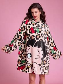 Betty Boop x SHEIN بطانية قابلة للارتداء من الفلانيل المطبوع، بطانية بغطاء رأس للاستخدام المنزلي والخارجي، ناعمة ومريحة، قابلة للغسل في الغسالة، هدية للعطلات - قهوة بيتي - مشاهدة 1