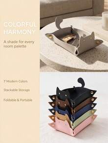 Haus Hana 1PC Cute Cat‑Shaped Catchall Tray, Faux Leather Material With Lovely Cat Silhouette Design, Foldable Storage Function For Small Trinkets, Keys And Jewelry, Stylish Home Decor Must‑Have, Ideal For Entryway, Vanity Table, Bedroom Nightstand - Multicolor - View 14