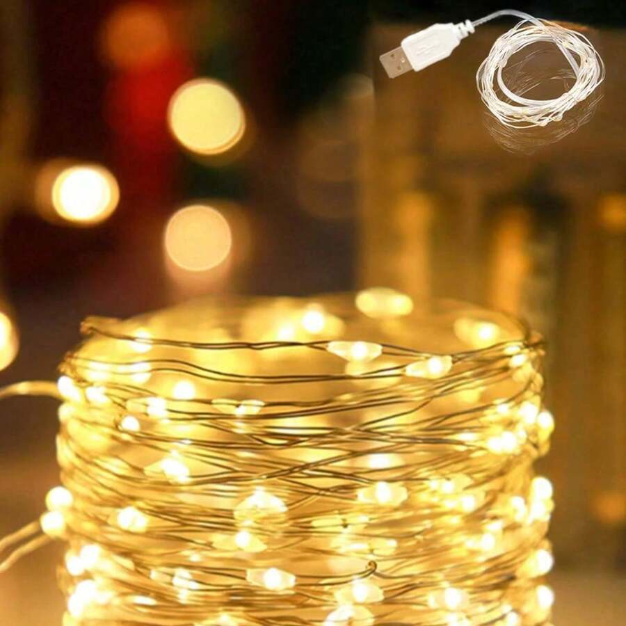 10M 100 LED USB Copper Wire Lights,Flexible Bendable Wire,DIY Shapeable String Lights,Home Decor String Lights,Party & Festival Decoration Lights - Yellow - View 1