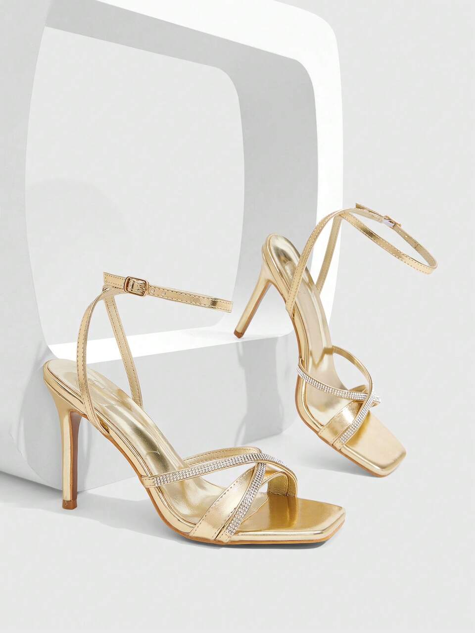 CUCCOO SZL Women Shoes Gold PU Rhinestone Elements Fashion Elegance Elegant Sexy Square Toe Stiletto Sandals