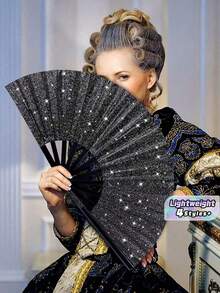 1 Set Large Rave Hand Fans For Women Shiny Glitter Foldable Bamboo Dance Party Birthday Stage Performance Festival Decoration Gift - Multicolor - View 1