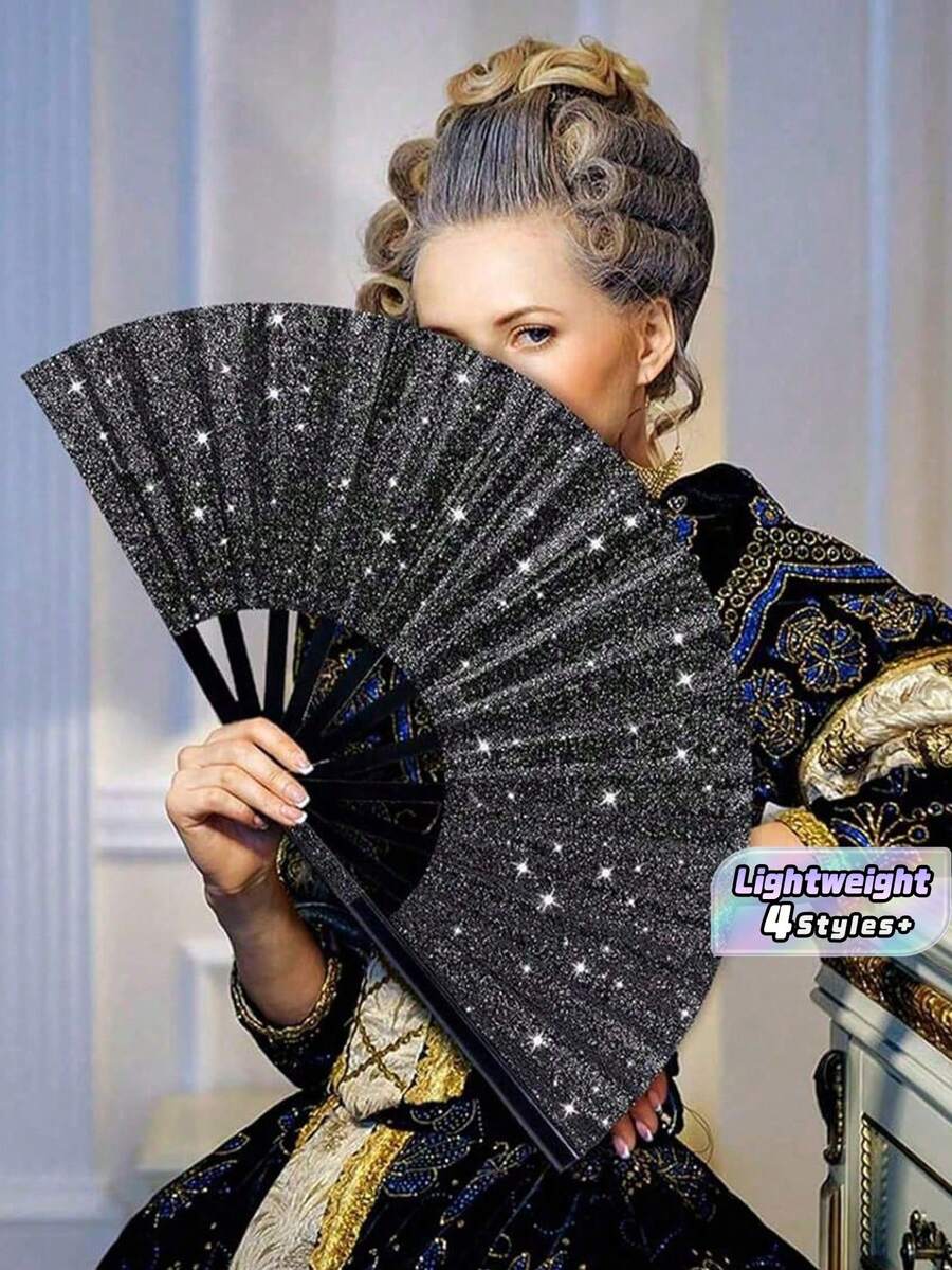 1 Set Large Rave Hand Fans For Women Shiny Glitter Foldable Bamboo Dance Party Birthday Stage Performance Festival Decoration Gift - Multicolor - View 1