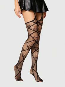ROMWE 1Pair Dark Gothic Black Love Mesh Suspenders Fishnet Socks - Black - View 3