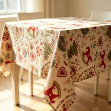 Cirelle Christmas Tablecloth - Festive Vintage Rocking Horse & Tree Printed Table Cover, Reusable Polyester Holiday Table Cloth For Dining Room & Party Decoration - Multicolor - View 6