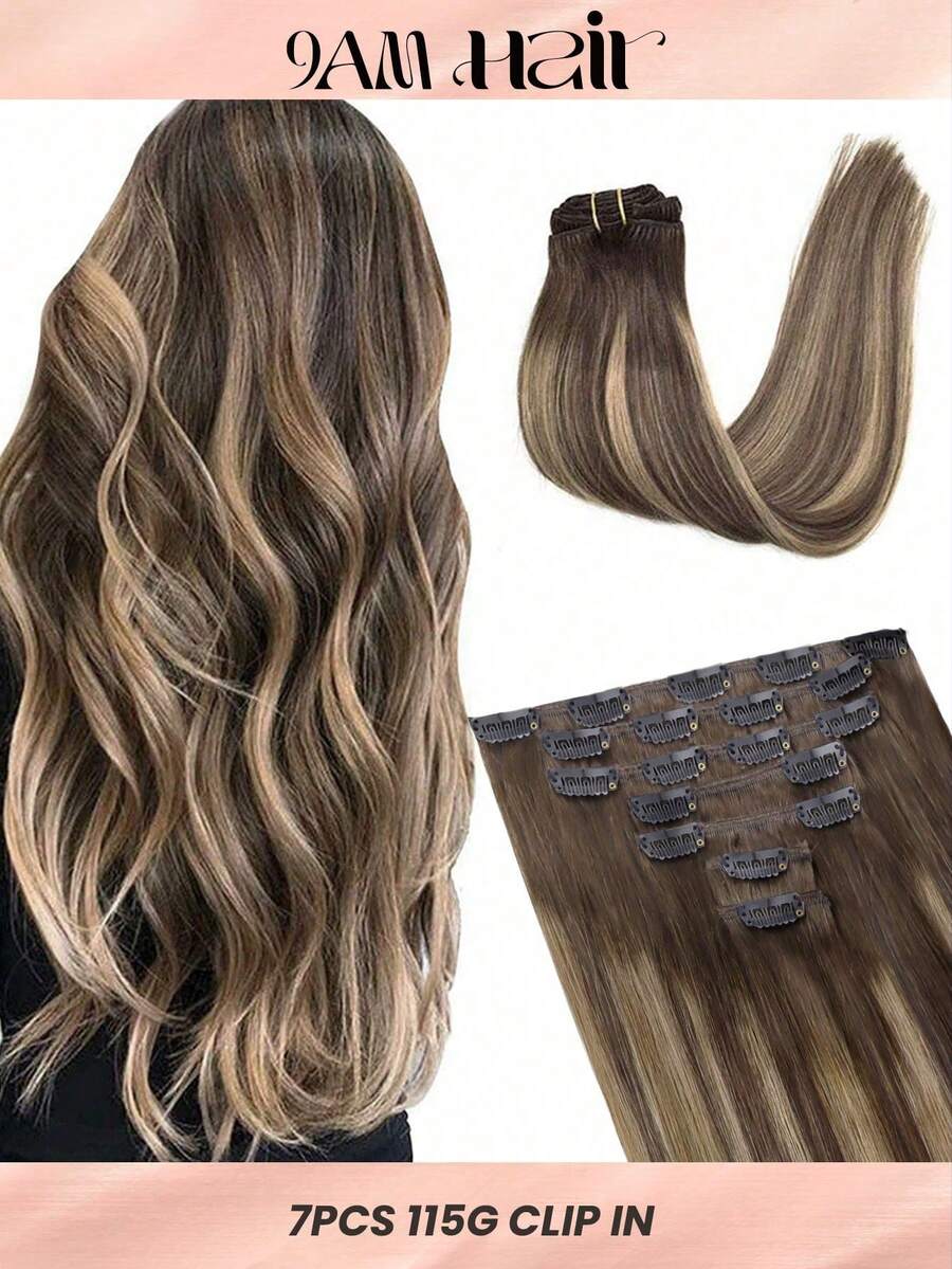 7PCS Straight Clip In Hair Extensions 100% Real Human Hair 14-24 Inch 115G Double Weft Invisible Clip Hair Extensions Remy Natural Human Hair For Women Girls Daily Use - S4/27/4 - View 1