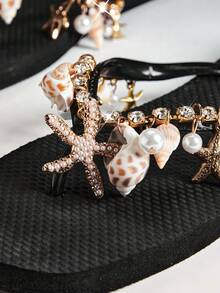 VACAZURE Women PVC Thong Flat Bling Chic Tropical Everyday Black Seashell Flip Flops - Black - View 5