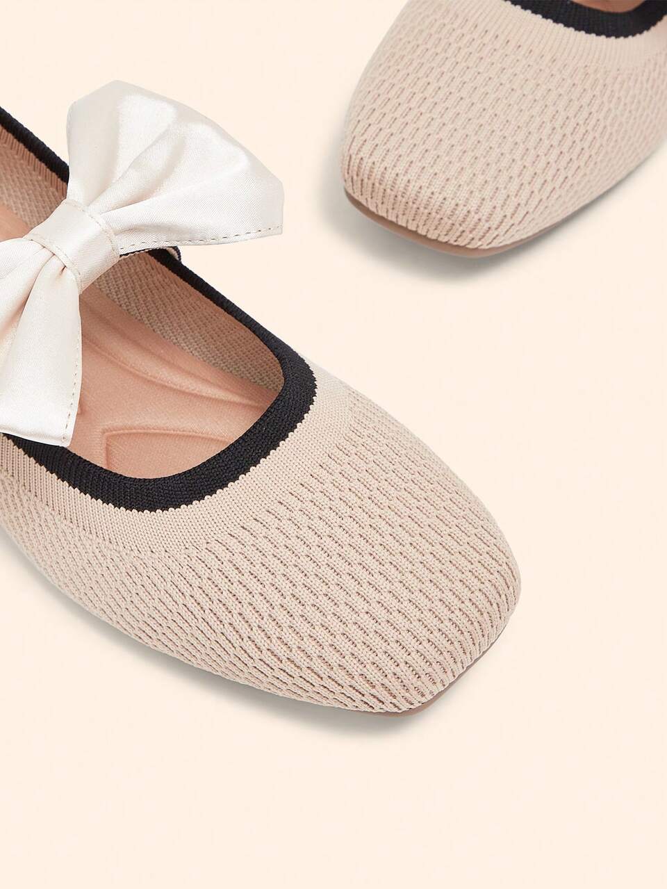 CUCCOO BASICS Women's Square Head Apricot Knitted Bow Decoration Women's Flat Mary Jane Women's Shoes Contrasting Color Breathable Daily Commuter Shoes One Pedal Ba