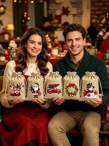 5Pcs Christmas Jute Gift Bags For Him & Her, 5.9 X 3.9 Inch Reusable Drawstring Pouches, 5 Assorted Random Christmas Theme Designs, For Xmas Party Gifts, Birthday Presents & Christmas Tree Decorations - Multicolor - View 4