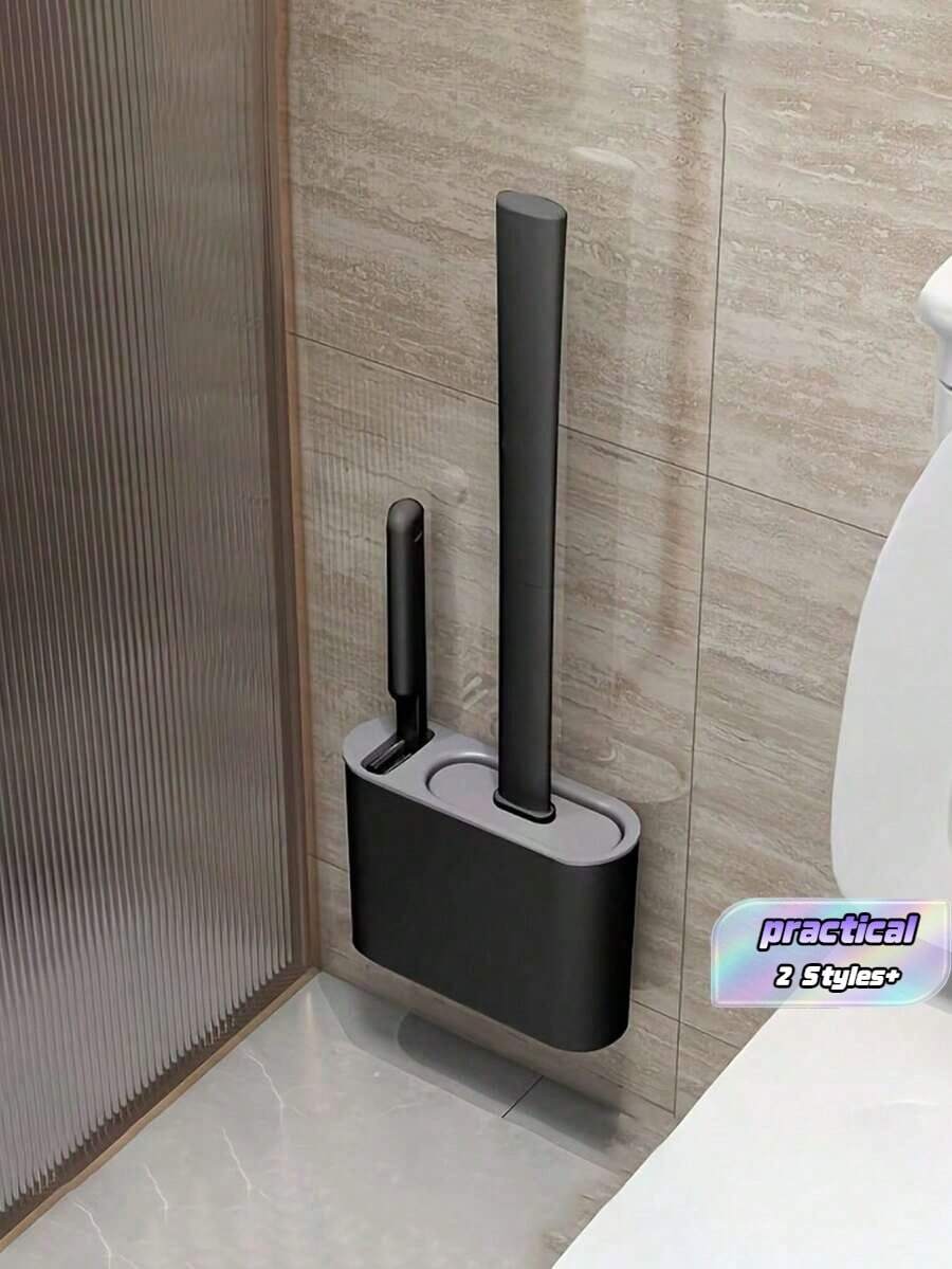 1 Piece 2-In-1 Toilet Brush Set With Holder, Made Of Pp Material, Silicone Cleaning Brush, Wall Mount Design With Storage Box, Flat Head Design For Bathroom & Toilet, Easy To Hang, No Drip - Multicolor - View 1