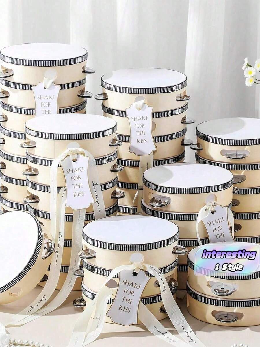4pcs 4-Inch Wholesale Adult Wedding Hand Drums, Wooden Hand-Held Drums With Metal Bells, White Hand Drums, Wedding Party Gifts, Musical Instruments - 4 inches - View 1