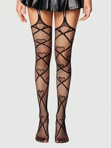 ROMWE 1Pair Dark Gothic Black Love Mesh Suspenders Fishnet Socks - Black - View 5