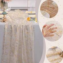 4 Styles Gold Hot‑Stamped Chiffon Table Runner, Gold Foil Lace Mesh Tulle Table Runner, Glitter Sparkling Table Runner For Wedding Party Dining Table Decor - Multicolor - View 1