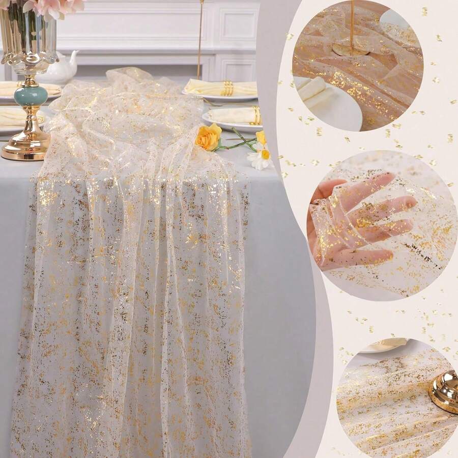 4 Styles Gold Hot‑Stamped Chiffon Table Runner, Gold Foil Lace Mesh Tulle Table Runner, Glitter Sparkling Table Runner For Wedding Party Dining Table Decor - Multicolor - View 1