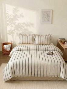 Cirelle 3pcs Ruffled Striped Duvet Cover Set - Soft Polyester Black And White Vertical Striped Bedding Set, Cottagecore Quilt Cover With Ruffle Fringe Trim (Duvet Cover No Ruffles, No Insert) - sunset - View 2