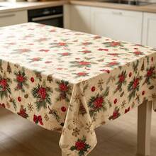 Cirelle Christmas Tablecloth - Festive Red Poinsettia & Pine Tree Printed Table Cover, Reusable Holiday Table Cloth For Dining Room, Kitchen & Party Decoration - Multicolor - View 4