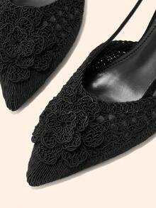 CUCCOO BASICS French Flower Hollow Woven Rear Hollow Sandals Women's Pointed Back Strap Stiletto Shoes - Black - View 5