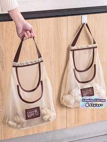 1pc Hanging Mesh Storage Bags,Hanger, Fiber Vegetable Storage Bag (Single/Dual Pocket Optional) Reusable Hanging Mesh Storage Produce Bags For Kitchen Storage Fruits, Onion, Garlic & Vegetables, Breathable Shopping Storage Handbag,Christmas - Beige - View 2