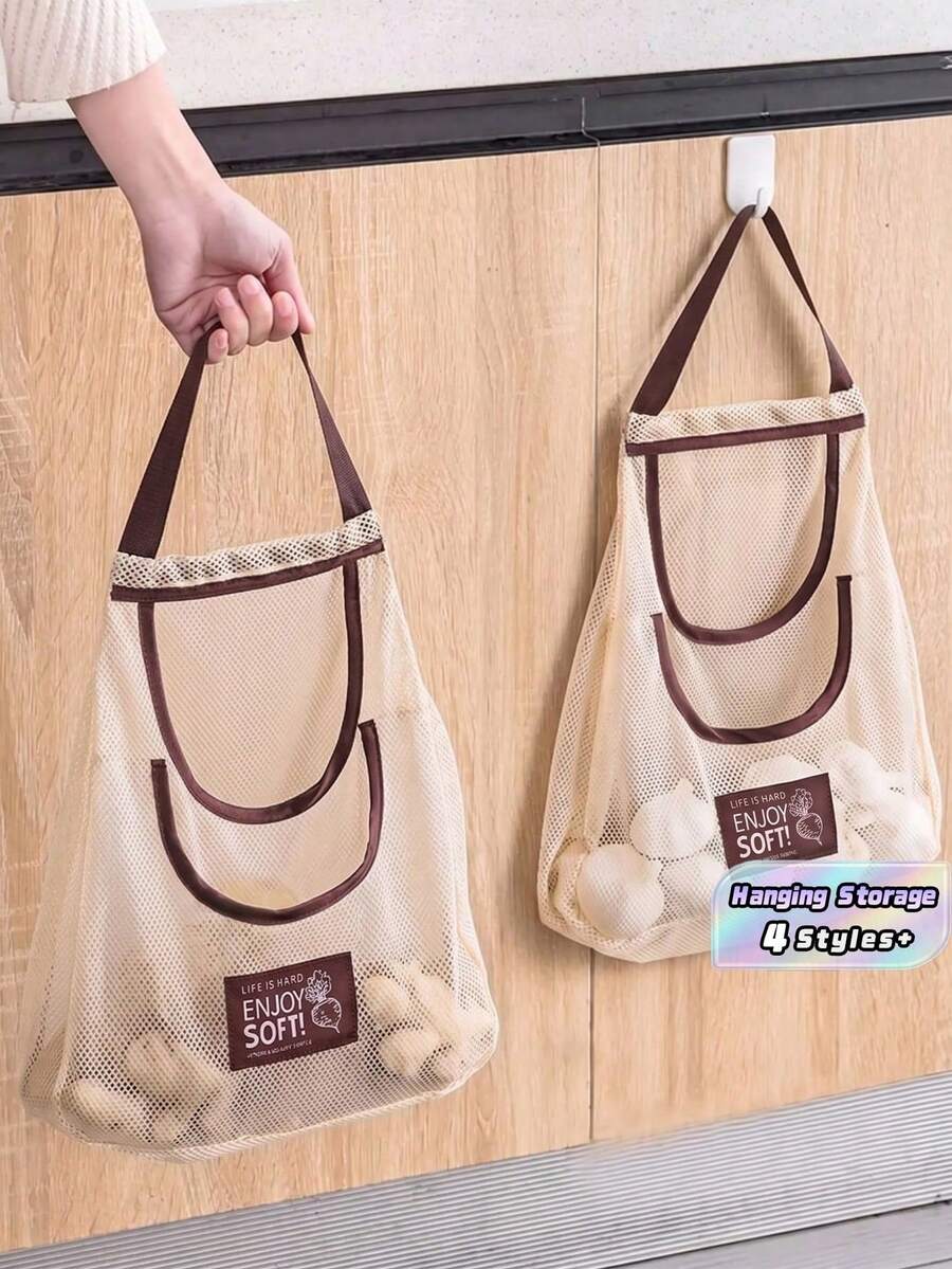 1pc Hanging Mesh Storage Bags,Hanger, Fiber Vegetable Storage Bag (Single/Dual Pocket Optional) Reusable Hanging Mesh Storage Produce Bags For Kitchen Storage Fruits, Onion, Garlic & Vegetables, Breathable Shopping Storage Handbag,Christmas