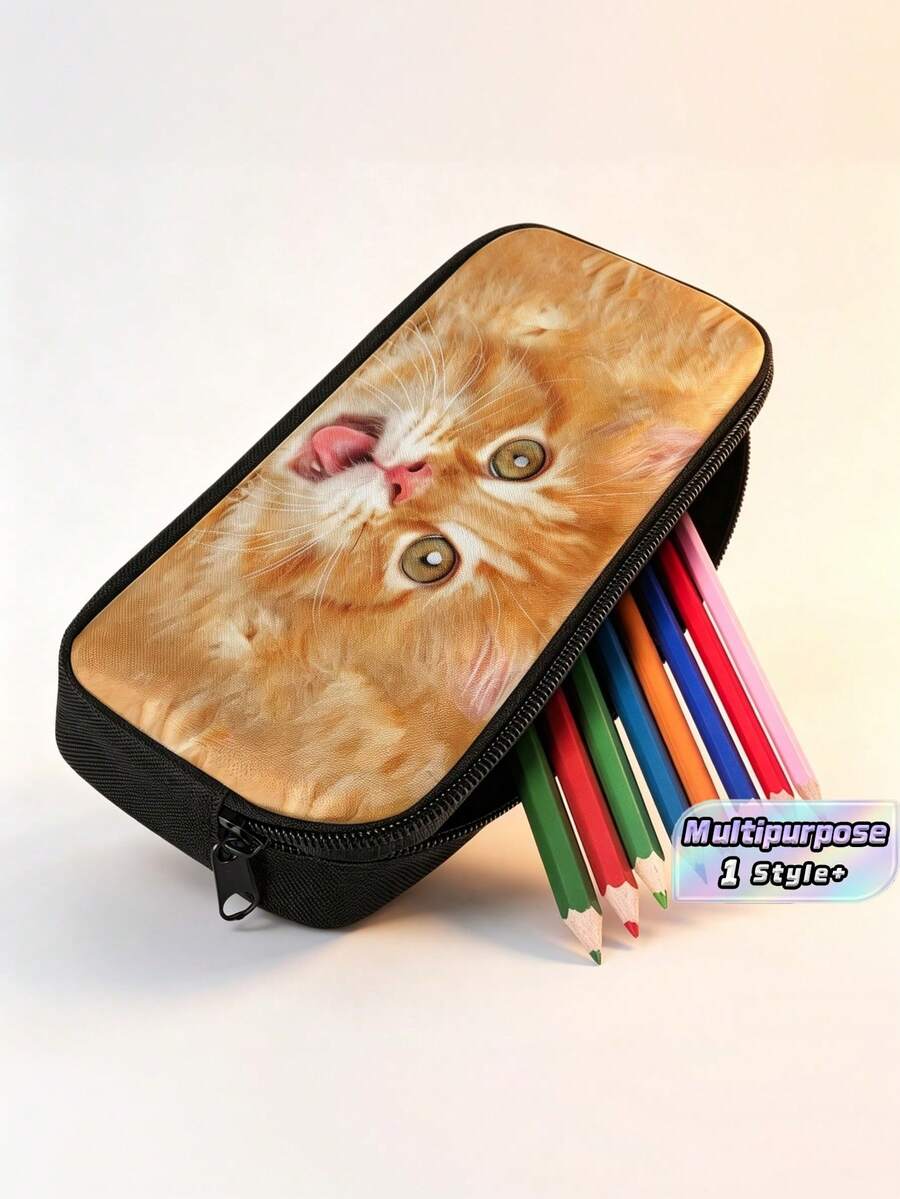 1 Buah Tempat Pensil Resleting Motif Kucing Oranye Kapasitas Besar Bahan Poliester untuk Pelajar, Sekolah, Kantor, Perjalanan, Organizer Kosmetik, Hadiah Lucu dan Praktis - Beraneka warna - View 1
