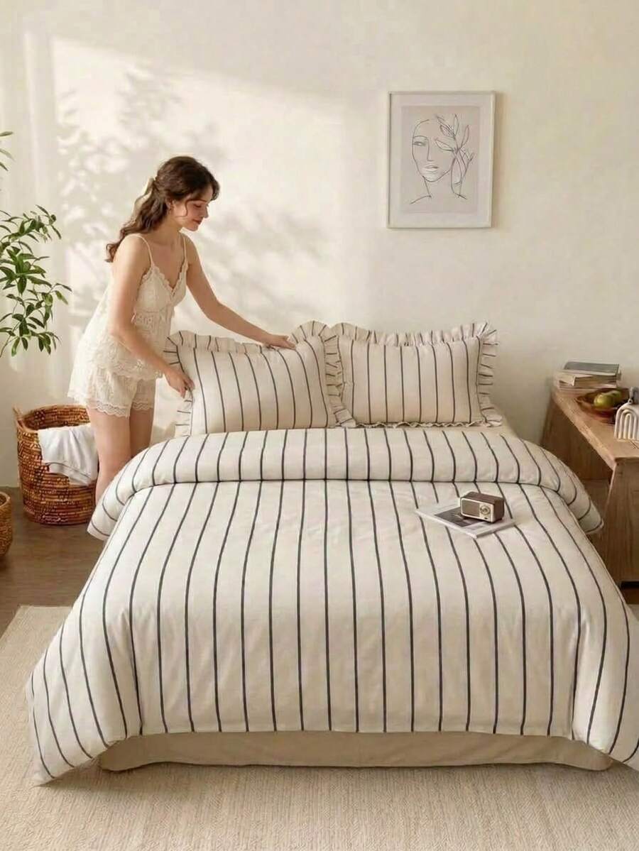 Cirelle 3pcs Ruffled Striped Duvet Cover Set - Soft Polyester Black And White Vertical Striped Bedding Set, Cottagecore Quilt Cover With Ruffle Fringe Trim (Duvet Cover No Ruffles, No Insert) - sunset - View 1