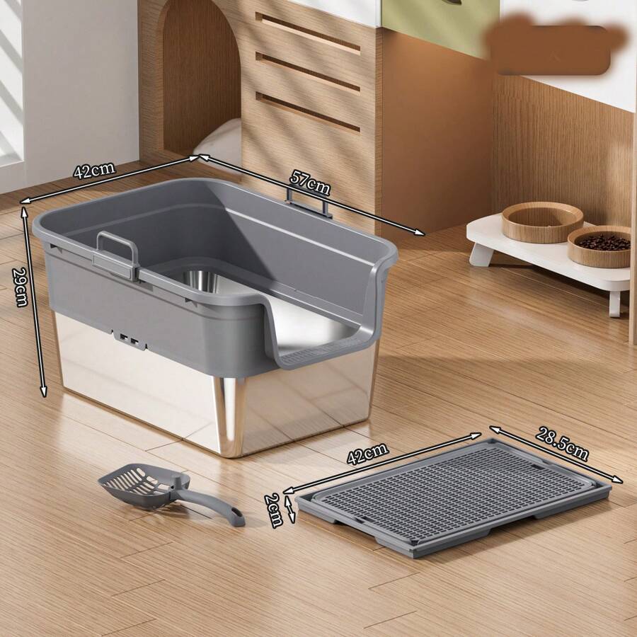 Stainless Steel Cat Litter Box, Extra Large, Splash Proof, Deodorizing Cat Toilet, Cat Litter Pad Set, Deodorizing And Splash Proof - Upgraded Version + Cat Litter Mat - View 1