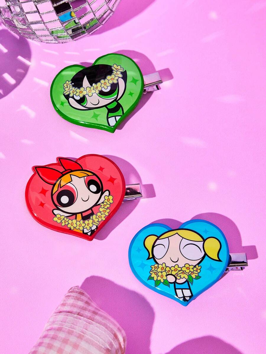 THE POWERPUFF GIRLS X Joivida 3pcs Mini Hair Clips, Cute Girly Style, Lightweight And Rounded Design, Sweet Japanese Style, Adorable Little Vanity Accessory, Practical For Girls - Multicolor - View 1