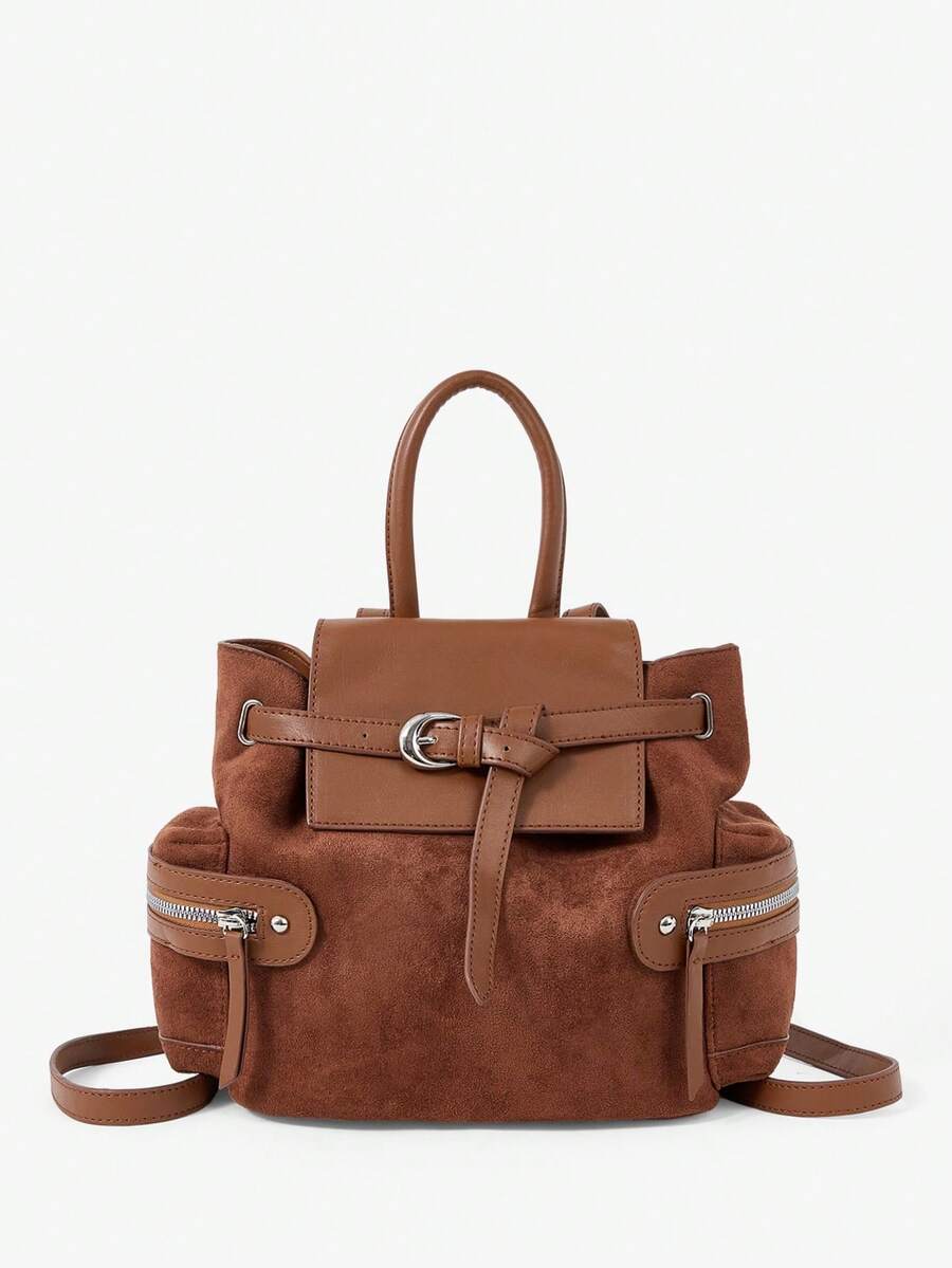 Viva Strut Women's Coffee Suede Patchwork Flap Backpack, Fashion Edgy Buckle Closure Multi-Pocket Shoulder Bag, Minimalist Versatile Daypack For Streetwear - Coffee - View 1