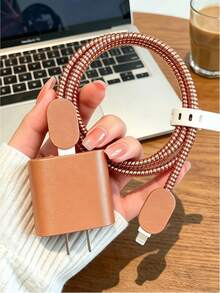 Teckwe 5-Piece Set: Leather Checkered Pattern-New Apple 20W Charger Case And Data Cable Protector For Phone 17/16/15/14 With Braided Cord To Prevent Breakage. - Multicolor - View 2