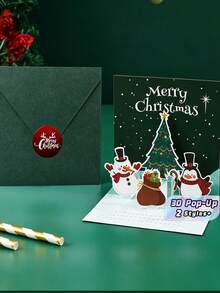 3D Pop‑Up Christmas Greeting Card, Cartoon Christmas Tree Message Card, Christmas Eve Gift, Corporate Blessing Card - multicolor - View 1