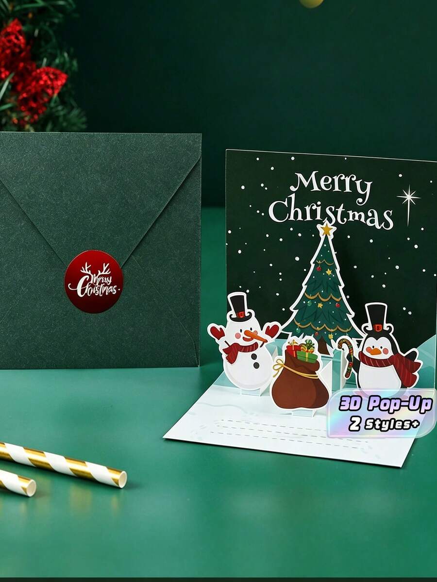 3D Pop‑Up Christmas Greeting Card, Cartoon Christmas Tree Message Card, Christmas Eve Gift, Corporate Blessing Card - multicolor - View 1