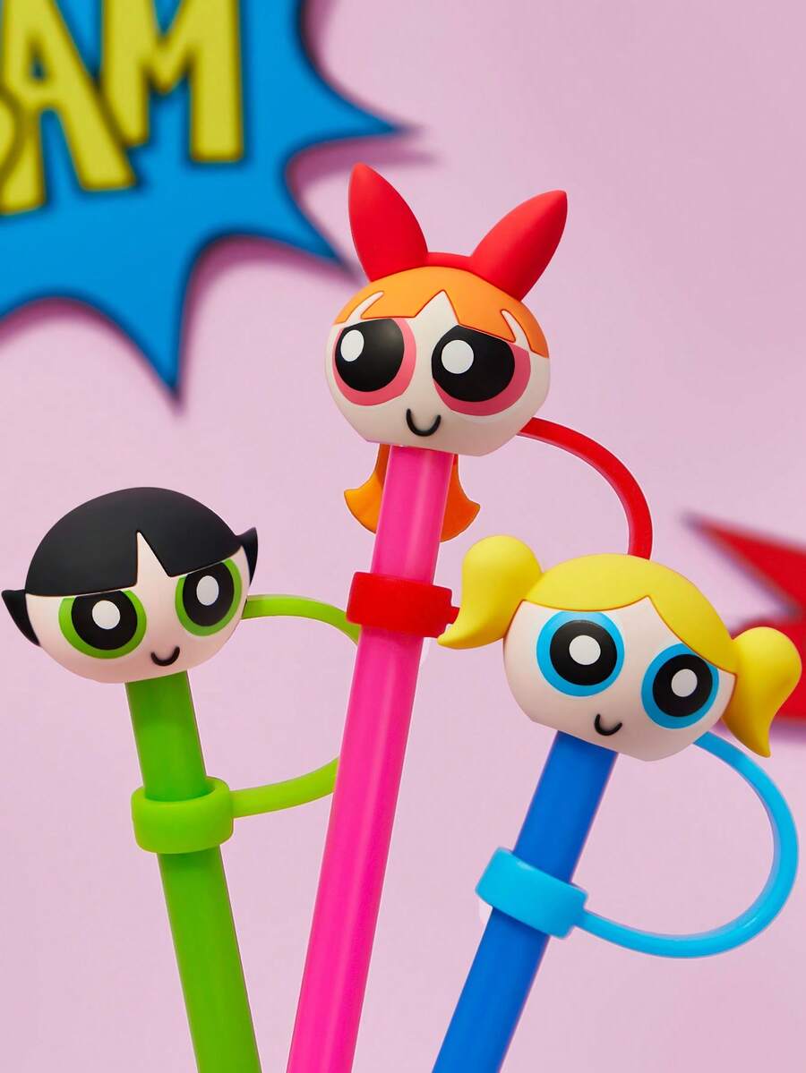 THE POWERPUFF GIRLS X SHEIN 0.4 Inch/10cm 3D Straw Covers, Dust-Proof Straw Covers, Suitable For 8-10mm Straws, Flower, Bubble, Buttercup Patterns (Straws Not Included), Y2K - Multicolor - View 1