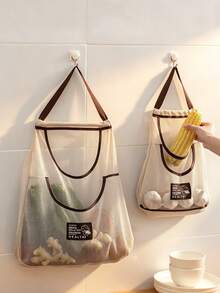1pc Hanging Mesh Storage Bags,Hanger, Fiber Vegetable Storage Bag (Single/Dual Pocket Optional) Reusable Hanging Mesh Storage Produce Bags For Kitchen Storage Fruits, Onion, Garlic & Vegetables, Breathable Shopping Storage Handbag,Christmas - Beige - View 9