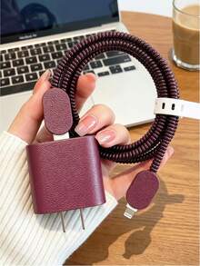 Teckwe 5-Piece Set: Leather Checkered Pattern-New Apple 20W Charger Case And Data Cable Protector For Phone 17/16/15/14 With Braided Cord To Prevent Breakage. - Multicolor - View 4