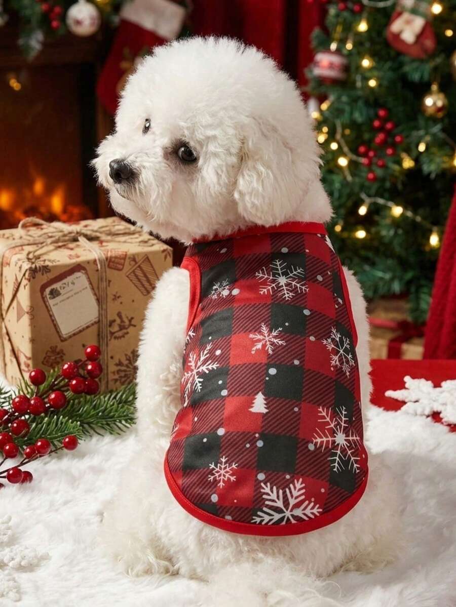 PETSIN 1pc Christmas Style Pet Vest, Classic Red Herringbone Pattern Super Skin Friendly, Scattered Snowflakes And Christmas Tree Pattern Pet Sleeveless Breathable Vest - Multicolor - View 1
