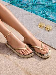 Grefit Women's Fashion Leopard Print Flat Beach Slippers, Suitable For Vacation And Home Wear Beach Shoes Summer Shoes - Gold - View 3