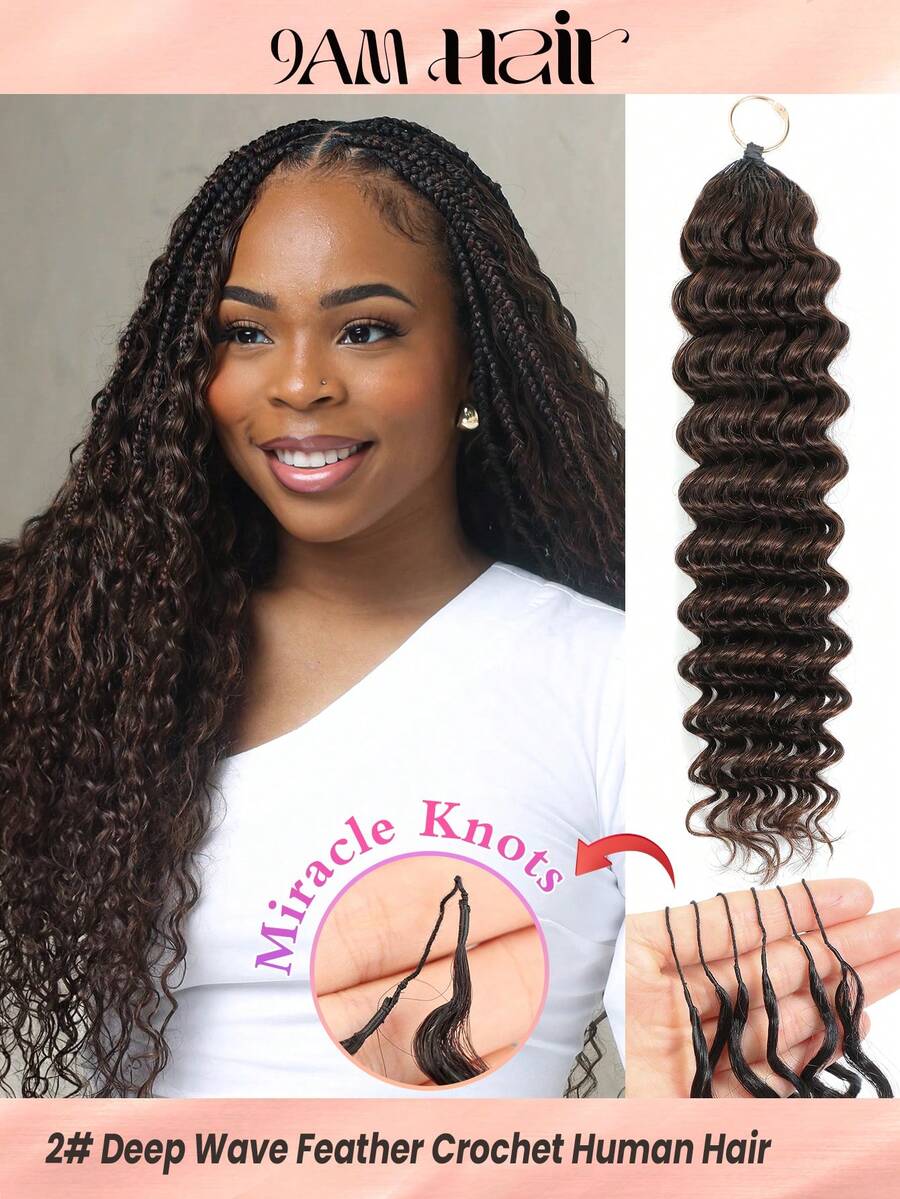Boho Braids Miracle Knots Crochet Human Hair In 100% Remy Feather Line Crochet Hair Braids Salon Silky Seamless Invisible Solid Color 2# Dark Brown Chocolate Color Feather Crochet Human Hair Braiding For Women Micro Pre Looped Deep Wave Virgin Hair Extensions - S2# - View 1