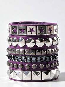 ROMWE Goth 4件組紫色Y2K辣妹風多層鏈條手鍊，星星金屬飾品，哥德搖滾PU皮革手環，音樂節配件，派對飾品 - 紫色 - 查看 1