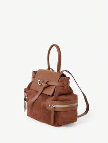 Viva Strut Women's Coffee Suede Patchwork Flap Backpack, Fashion Edgy Buckle Closure Multi-Pocket Shoulder Bag, Minimalist Versatile Daypack For Streetwear - Coffee - View 3