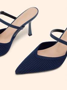 CUCCOO BASICS Women's Fashion Pointed V-Mouth Fabric Woven Striped Surface. Elastic Rear Strap Empty Shoes. Painted High Heels, Breathable And Comfortable. Suitable - Navy Blue - View 4