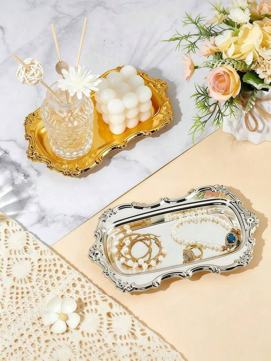 Ornate Embossed Metal Jewelry Tray – Vintage Gold & Silver Decorative Tray With Embossed Edges – Elegant Mirrored Jewelry Display Tray – Versatile Tray For Cosmetics, Skincare, And Candles – Home Vanity Decor And Storage - Multicolor - View 1