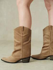 Styleloop Khaki Imitation Suede Pleated Flanged Western Cowboy Boots Pointed Toe Square Thick Heel Retro Stacked Medium Boots Autumn And Winter - Khaki - View 5
