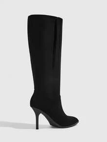 CUCCOO SZL Women's High-Heeled Pleated Pile-Pointed Stiletto High Leather Boots - Black - View 3