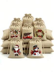 5Pcs Christmas Jute Gift Bags For Him & Her, 5.9 X 3.9 Inch Reusable Drawstring Pouches, 5 Assorted Random Christmas Theme Designs, For Xmas Party Gifts, Birthday Presents & Christmas Tree Decorations - Multicolor - View 2