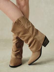 Styleloop Khaki Imitation Suede Pleated Flanged Western Cowboy Boots Pointed Toe Square Thick Heel Retro Stacked Medium Boots Autumn And Winter - Khaki - View 8