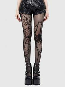 ROMWE Goth 1 Pair Spider & Web Fishnet Pantyhose, Halloween - Black - View 2